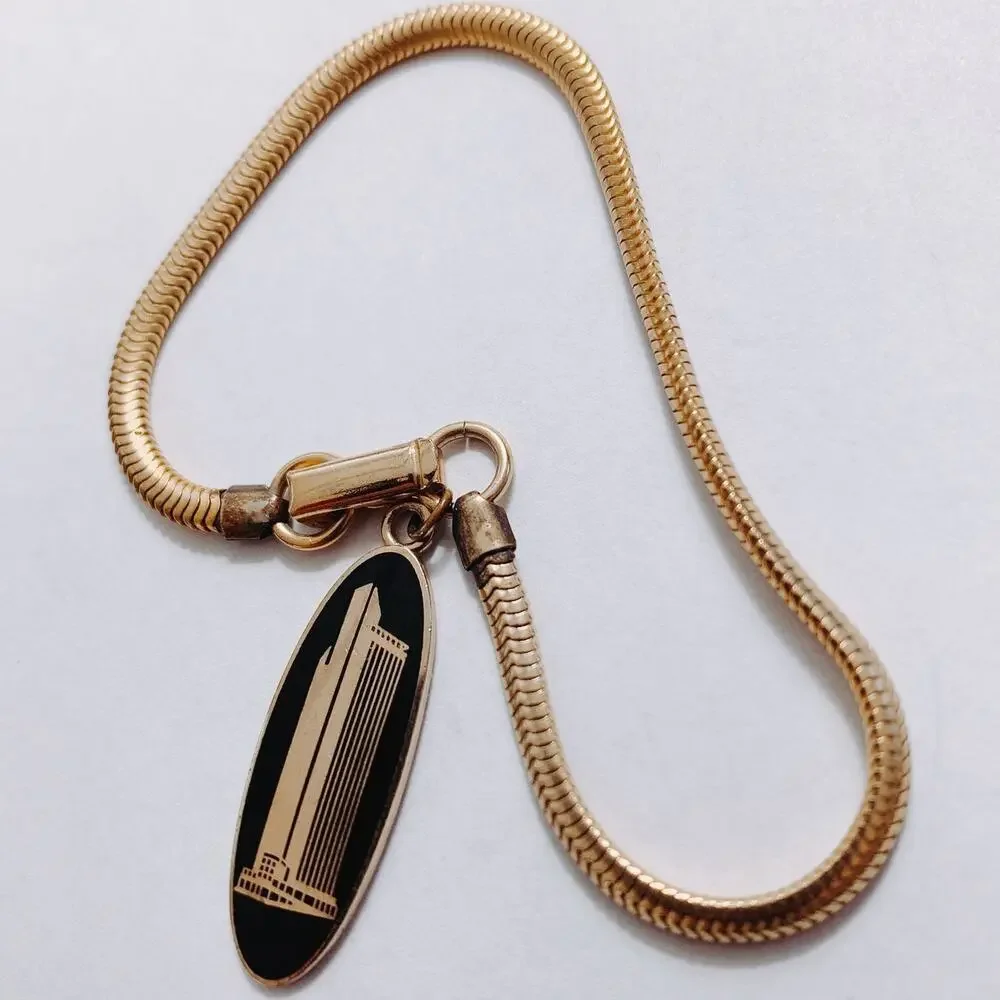 VTG Mid Century Black Cufflinks Tie Bar Chain 3-Piece Set Skyscraper Gold Tone